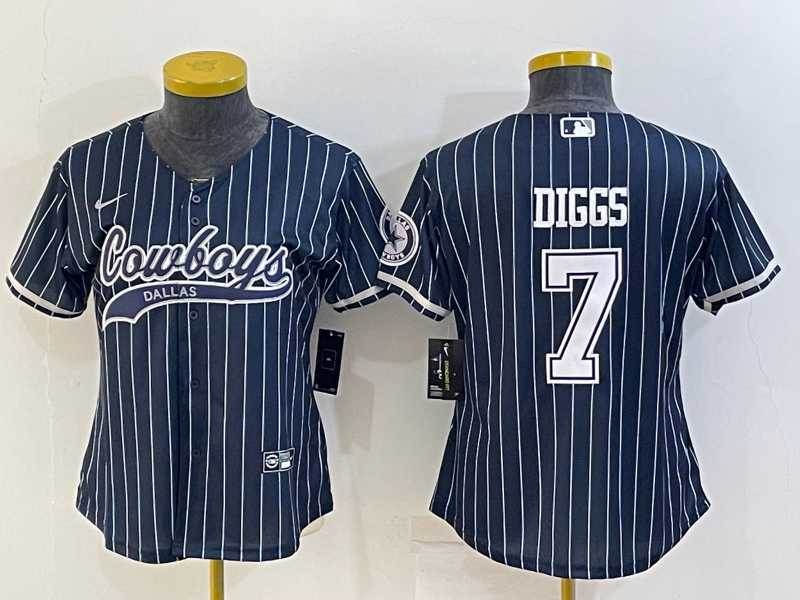 Womens Dallas Cowboys #7 Trevon Diggs Navy Blue Pinstripe With Patch Cool Base Stitched Baseball Jersey